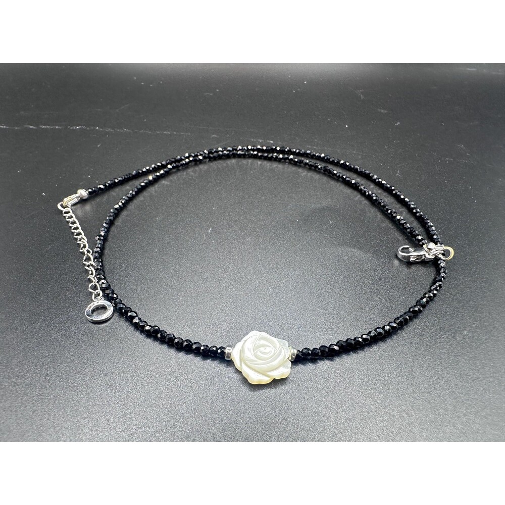18” Black Spinel Necklace Carved Mother of Pearl Rose Accent, Handmade Choker